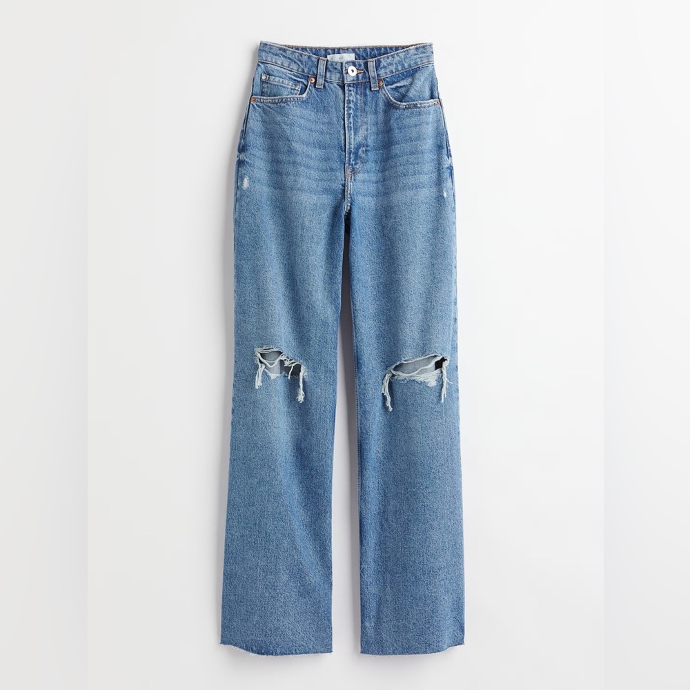 H&M | Wide Leg High Rise Distressed Full Length Raw Hem Denim Jeans